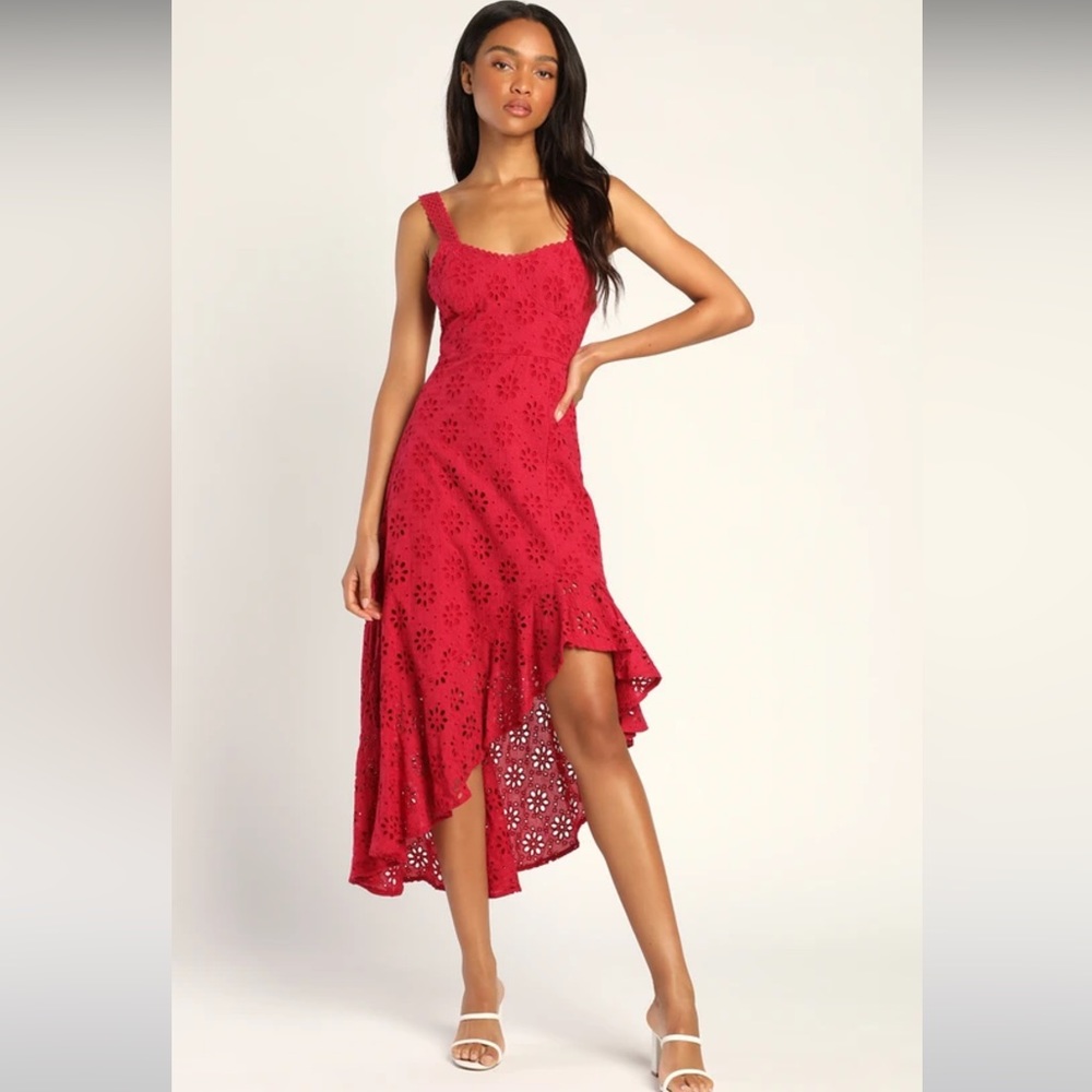 Lulu’s Adoring Days Berry Pink Eyelet Ruffled Asymmetrical Dress - Picture 2 of 12